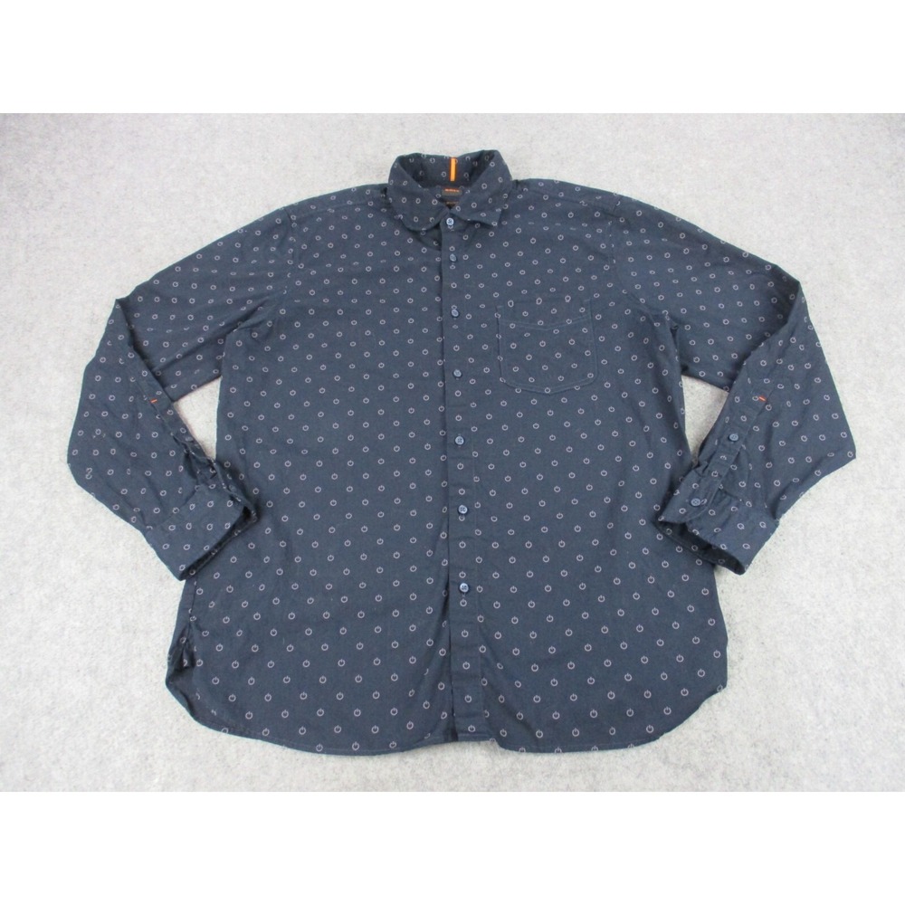 Hugo Boss Shirt Mens Extra Large Blue Purple Power Button Print Button Up Casual